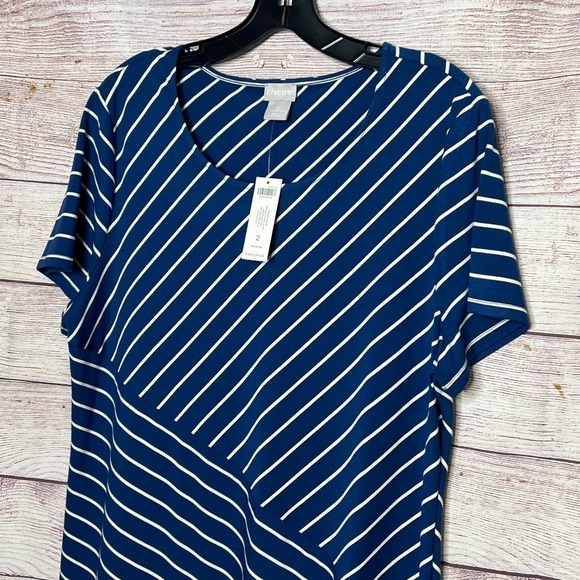 Chico's Spliced Striped A Line Blue Short Sleeve Dress New Size 12-14 - Picture 10 of 15